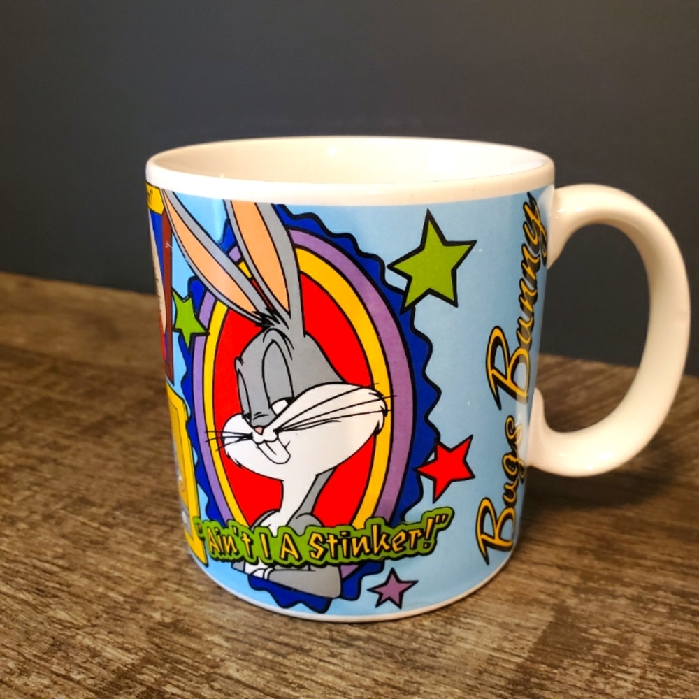 1995 Bugs Bunny Blue and White Mug Vintage Characters.